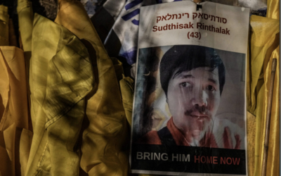 Israelis attend a rally outside the southern Israeli city of Sderot, calling for the release of slain hostages Ran Gvili and Sudthisak Rinthalak, whose bodies are still held by Hamas in Gaza, Nov. 29, 2025. (Tsafrir Abayov/Flash90)
