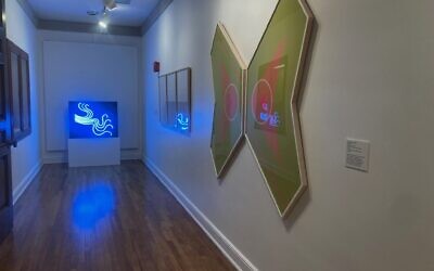 Installation view: Jane Haskell, “Asymmetry II”  and Aaronel deRoy Gruber, “Septet” (Photo by Emma Riva)
