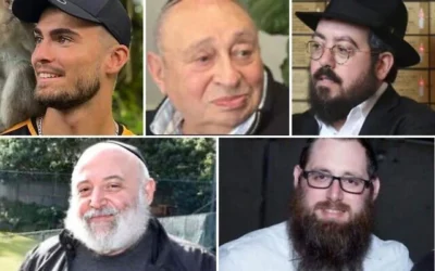 Five victims who have been identified of the 15 killed in the deadly terror shooting targeting a Jewish event at Bondi Beach in Sydney on December 14, 2025. Clockwise from top left: Dan Elkayam; Alex Kleytman; Rabbi Eli Schlanger; Rabbi Yaakov Halevi Levitan; Reuven Morrison (social media; used in accordance with Clause 27a of the Copyright Law, via The Times of Israel)