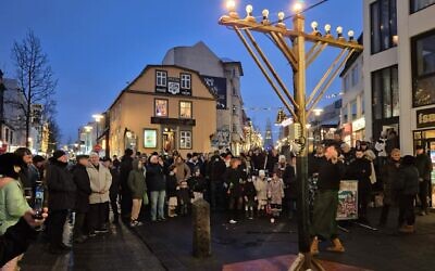 A Hanukkah celebration in downtown Reykjavik, Iceland, drew the country's foreign minister, Dec. 14, 2025. (Courtesy Mushky Feldman)
