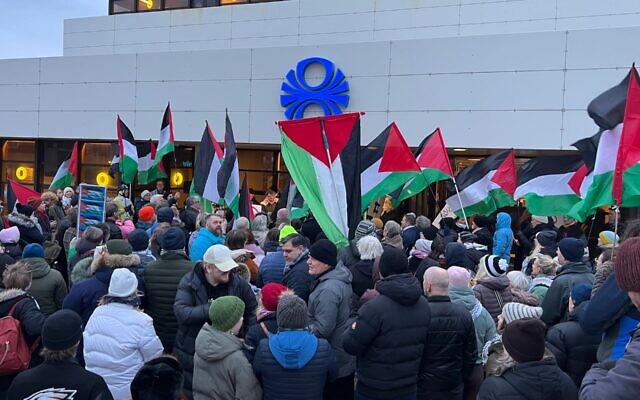 Pro-Palestinian protestors demonstrate outside the office of Iceland's state broadcaster RUV on Dec. 10, 2025 in Reykjavik, Iceland. (Micah Garen/Getty Images)