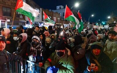 Anti-Israel protesters led by Pal-Awda in the Jewish neighborhood of Boro Park, Brooklyn, February 18, 2025. (Luke Tress/Times of Israel)