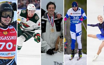 Some of the Jewish and Israeli 2026 Winter Olympians, from left: Noa Szollos, Quinn Hughes, A.J. Edelman, Attila Mihály Kertész and Mariia Seniuk. (Getty Images, X)