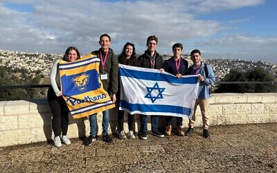 University of Pittsburgh students show their pride while visiting Israel. (Photo courtesy of Hillel JUC)