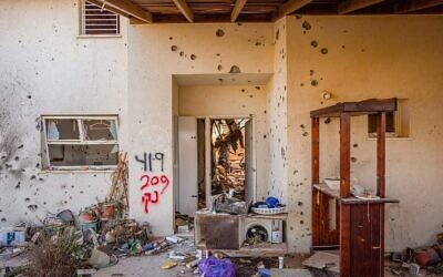 A Jewish home destroyed on Oct. 7 when Hamas terrorists infiltrated Kibbutz Be'eri in southern Israel near the border with the Gaza Strip, Oct. 25, 2023. (Photo by Edi Israel/Flash90)