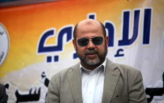 Senior Hamas terrorist official Musa Abu Marzouk speaks at a press conference in Gaza City, May 5, 2014. (Photo by Majdi Fathi/NurPhoto/Corbis via Getty Images, via JNS)