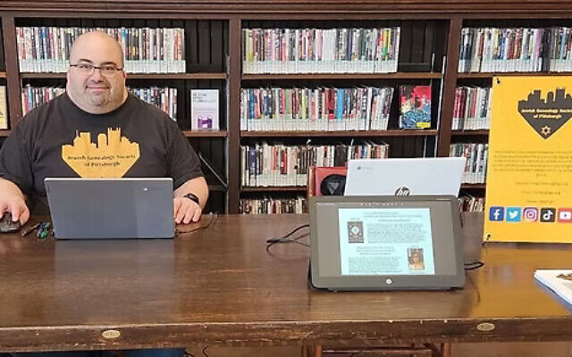 Steve Jaron, president of the Jewish Genealogy Society of Pittsburgh, prepares for a program. (Photo courtesy of he Jewish Genealogy Society of Pittsburgh) Steve Jaron, president of the Jewish Genealogy Society of Pittsburgh, prepares for a program. (Photo courtesy of he Jewish Genealogy Society of Pittsburgh)