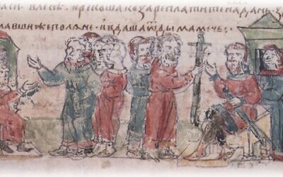 A 15th-century drawing of the Khazars, the Central Asian people, demanding tribute from the Polyans. (Wikimedia Commons)