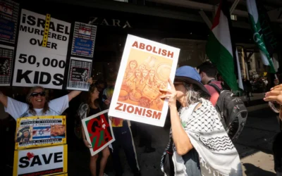 Illustrative: Anti-Israel protesters in New York City, August 16, 2025. (Luke Tress/ Times of Israel)