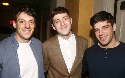(L-R): AJ Edelman, Alex Edelman and Austin Edelman pose at the opening night of the new one man show "Alex Edelman Just for Us" at The Hudson Theatre on June 26, 2023 in New York City. (Bruce Glikas/WireImage)