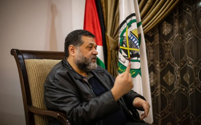 Senior Hamas official Osama Hamdan conducts an interview in the terror group's offices in the southern Beirut suburb of Dahiyeh, Jan. 18, 2024. (Photo by Oliver Marsden/Middle East Images/AFP via Getty Images, via JNS) Senior Hamas official Osama Hamdan conducts an interview in the terror group's offices in the southern Beirut suburb of Dahiyeh, Jan. 18, 2024. (Photo by Oliver Marsden/Middle East Images/AFP via Getty Images, via JNS)