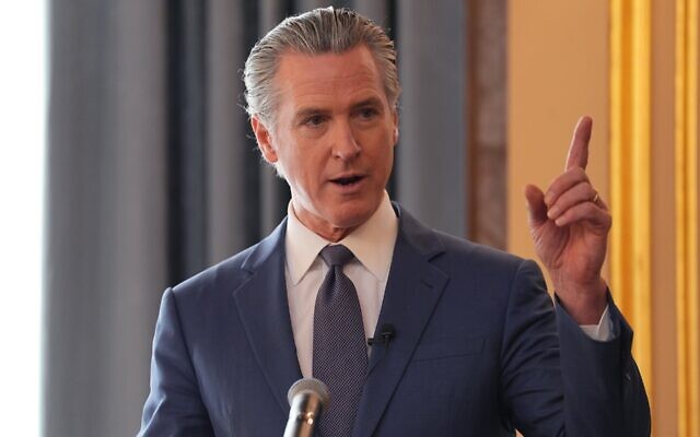 California Gov. Gavin Newsom speaking after signing a clean energy agreement at the Foreign Office in London, Feb. 16, 2026. (Yui Mok/PA Images via Getty Images)