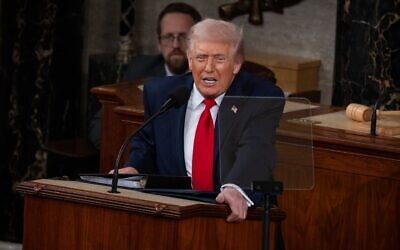 President Donald Trump delivers his State of the Union address to a joint session of Congress in the chambers of the U.S. House of Representatives in Washington, DC on Feb. 24, 2026. (Nathan Posner/Anadolu via Getty Images)
