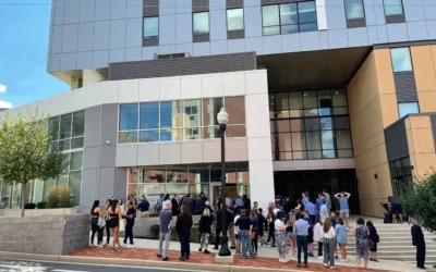 People gather for the opening of the Bernard and Nancy Gutterman Family Center for Jewish Life, the first permanent home of Penn State Hillel at the Pennsylvania State University, in State College, Pa., Sept. 9, 2022. (Credit: Kellen Manning/Penn State via Creative Commons)