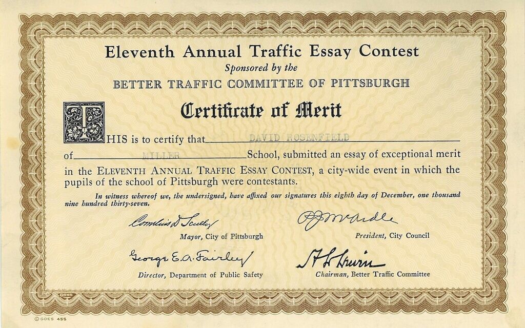The annual “Traffic Essay Contest” invited students throughout the Pittsburgh area to write about the importance of road safety. This Certificate of Merit was issued to David P. Rosenfield, who became a noted pharmacist in Pittsburgh. It was signed by committee Chairman Dr. A. L. Lewin. (Image courtesy Rauh Jewish Archives)