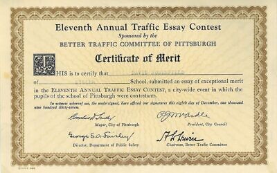The annual “Traffic Essay Contest” invited students throughout the Pittsburgh area to write about the importance of road safety. This Certificate of Merit was issued to David P. Rosenfield, who became a noted pharmacist in Pittsburgh. It was signed by committee Chairman Dr. A. L. Lewin. (Image courtesy Rauh Jewish Archives)