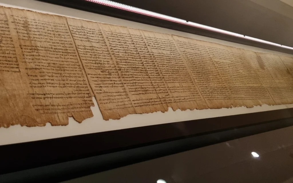 A view of the Great Isaiah Scroll on display at the Israel Museum in Jerusalem, Feb. 26, 2026 (Photo by Sharon Altshul)