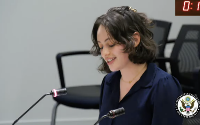 Tova Kaplan, a student at Harvard University, testifies before the U.S. Commission on Civil Rights briefing on antisemitism on college and university campuses on Feb. 19, 2026. (Screenshot via YouTube)