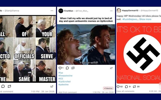 Antisemitic and anti-Israel content found on the social media platform UpScrolled. (Screenshot)