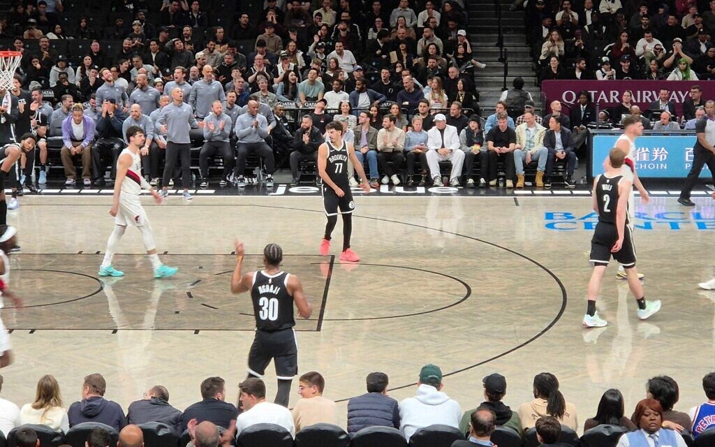 Ben Saraf, Deni Avdija and Danny Wolf share the court during the Portland Trail Blazers-Brooklyn Nets matchup on March 16, 2026. It was the first NBA game to feature three players with Israeli citizenship. (Grace Yagel)