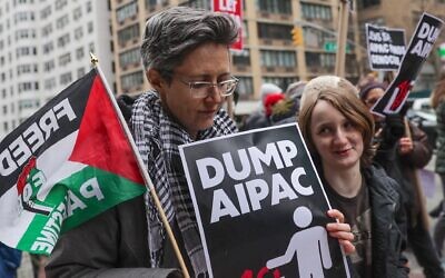 Pro-Palestinian  demonstrators rally outside AIPAC headquarters and the offices of Sens. Chuck Schumer and Kirsten Gillibrand, who've both been endorsed by the group, in New York City, Feb. 22, 2024. (Selcuk Acar/Anadolu via Getty Images)