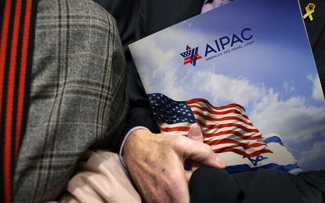 A visitor holds an AIPAC folder in an elevator in Rayburn House Office Building on March 12, 2024 on Capitol Hill in Washington, DC. (Alex Wong/Getty Images) A visitor holds an AIPAC folder in an elevator in Rayburn House Office Building on March 12, 2024 on Capitol Hill in Washington, DC. (Alex Wong/Getty Images)