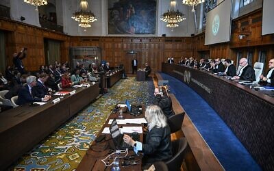 A view from the public hearing at the International Court of Justice case on Israel's humanitarian obligations to Palestinians in Gaza, the Hague, Netherlands, April 29, 2025. (Mouneb Taim / Middle East Images via AFP)