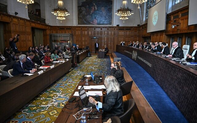 A view from the public hearing at the International Court of Justice case on Israel's humanitarian obligations to Palestinians in Gaza, the Hague, Netherlands, April 29, 2025. (Mouneb Taim / Middle East Images via AFP)