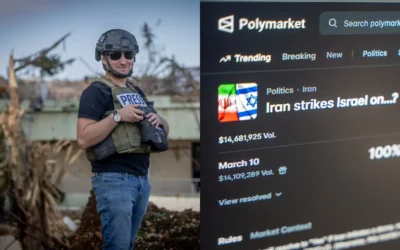 Left: The Times of Israel's military correspondent, Emanuel Fabian, in southern Lebanon on November 21, 2024; Right: This photo taken on March 16, 2026, shows a bet on the Polymarket site titled 'Iran strikes Israel on...?' (Chaim Goldberg/ Flash90; Emanuel Fabian/ Times of Israel)