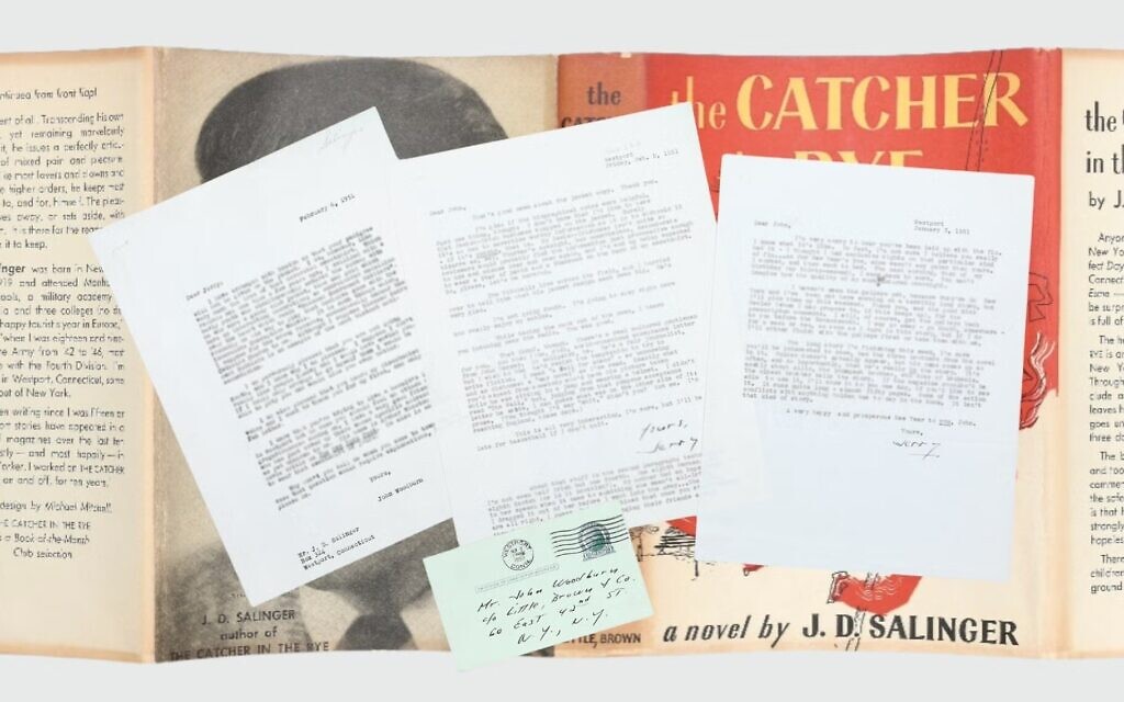 Correspondence between J.D. Salinger and his editor referring to his Jewish and Irish heritage, for sale by Peter Harrington Books, overlaid on top of the book jacket for Salinger's novel, "The Catcher in the Rye". (Images Courtesy Peter Harrington London) Correspondence between J.D. Salinger and his editor referring to his Jewish and Irish heritage, for sale by Peter Harrington Books, overlaid on top of the book jacket for Salinger's novel, "The Catcher in the Rye". (Images Courtesy Peter Harrington London)