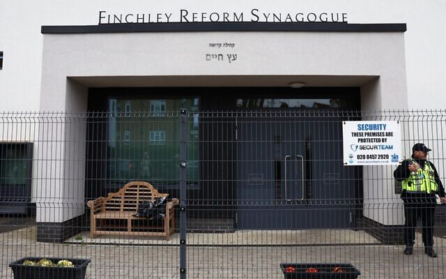A security guard stands on duty outside Finchley Reform Synagogue, in the North Finchley area of north London, on April 15, 2026, following an attack on the synagogue in the early hours of the morning. (Toby Shepheard / AFP via Getty Images) A security guard stands on duty outside Finchley Reform Synagogue, in the North Finchley area of north London, on April 15, 2026, following an attack on the synagogue in the early hours of the morning. (Toby Shepheard / AFP via Getty Images)