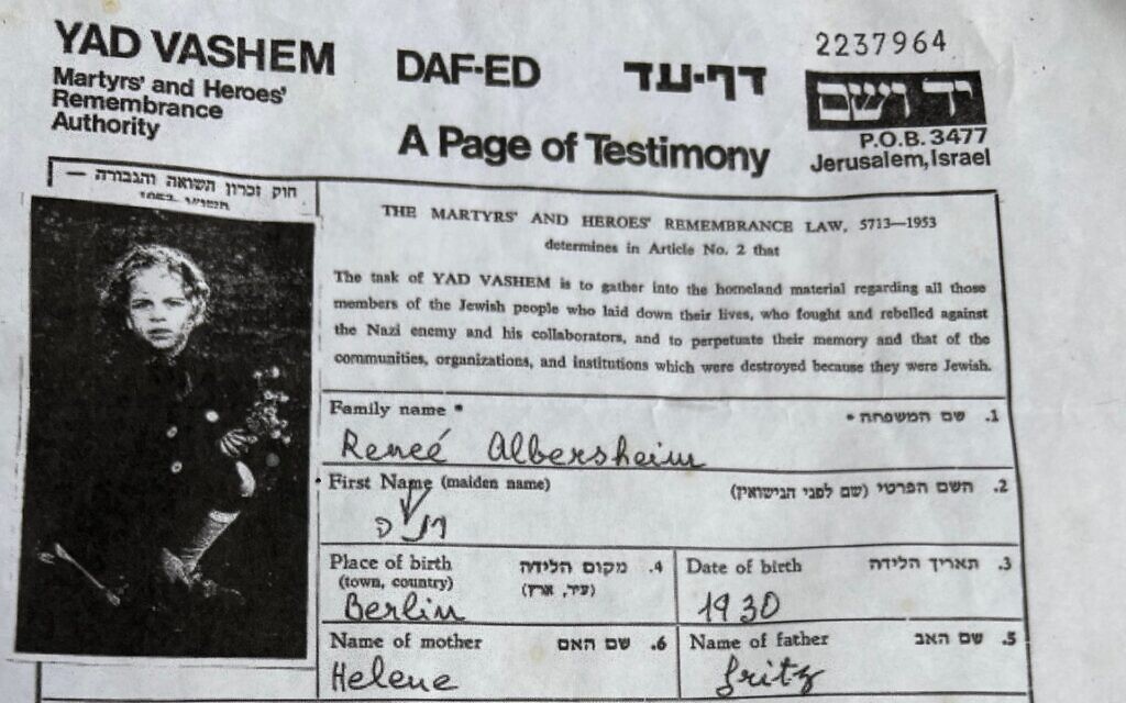 Renee Albersheim was murdered during the Holocaust. A Jewish couple in Florida has said the Mourner's Kaddish for her daily for years. (Courtesy Susan Bell) Renee Albersheim was murdered during the Holocaust. A Jewish couple in Florida has said the Mourner's Kaddish for her daily for years. (Courtesy Susan Bell)