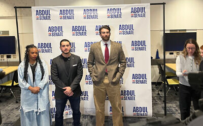 (L-r) U.S. Rep. Summer Lee, Senate candidate Abdul El-Sayed, and Twitch streamer Hasan Piker pose during a rally for El-Sayed, April 7, 2026. (Andrew Lapin/JTA)