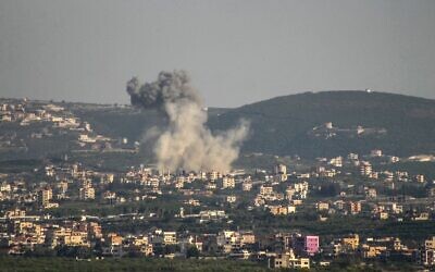 A photograph taken from the southern Lebanese area of Tyre shows smoke as it rises from the site of Israeli airstrikes that targeted villages on southern Lebanon on April 16, 2026. (Kawnat HAJU / AFP)