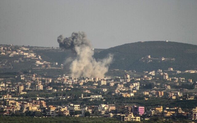 A photograph taken from the southern Lebanese area of Tyre shows smoke as it rises from the site of Israeli airstrikes that targeted villages on southern Lebanon on April 16, 2026. (Kawnat HAJU / AFP)