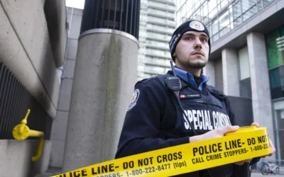 A special constable unrolls police tape. (Credit: Kevin Masterman/Toronto Police Service)