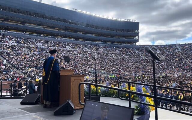 University of Michigan professor Derek Peterson praises campus pro-Palestinian protesters during his commencement speech in Ann Arbor, Michigan, May 2, 2026. (Screenshot via YouTube)