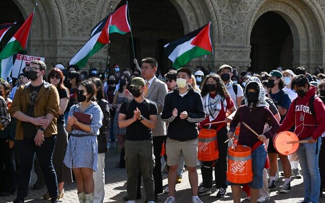 Students and pro-Palestinian protesters gather at Stanford University to protest Israeli attacks on Gaza, April 22, 2024. (Tayfun Coskun/Anadolu via Getty Images)
