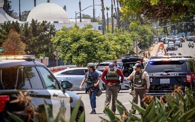 Multiple people were killed, including an armed security guard, after two shooters entered the Islamic Center in San Diego, May 18, 2026. (Sandy Huffaker / Los Angeles Times via Getty Images)