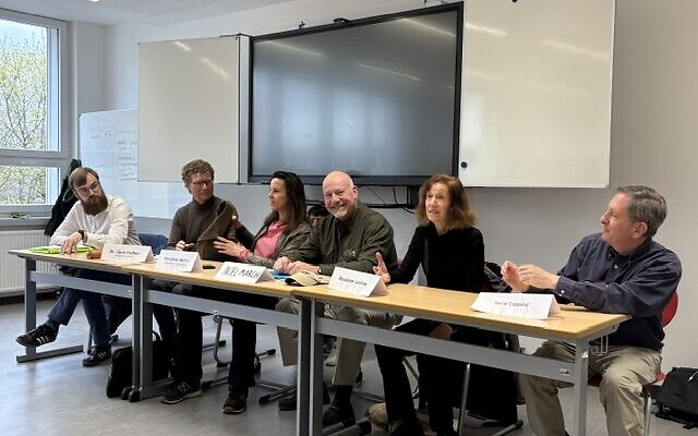 Rosanne Levine speaks on a panel during a visit to Germany. Photo courtesy of (Rosanne Levine)