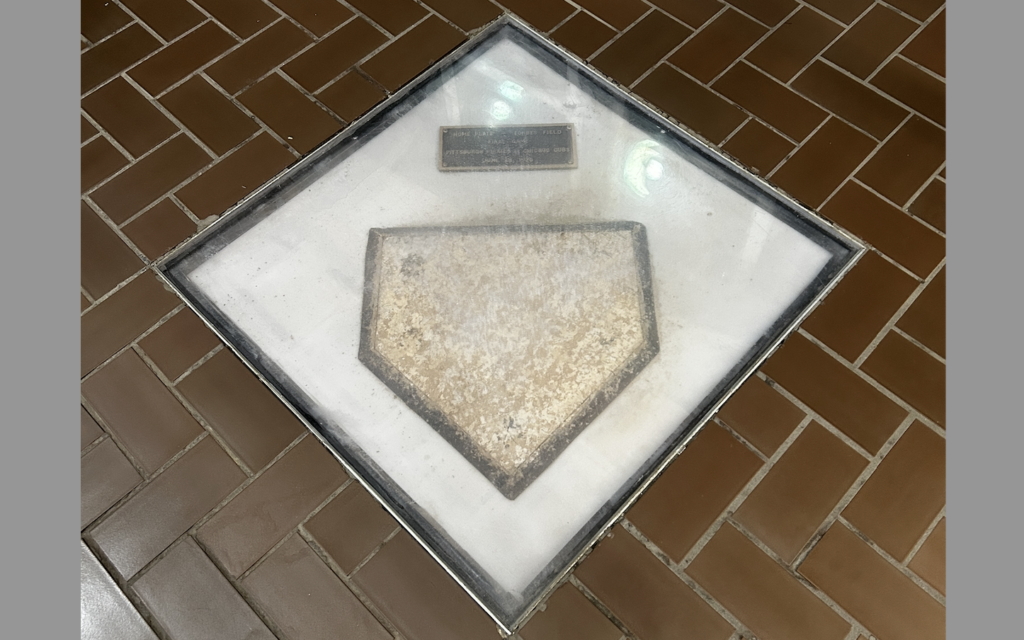 The home plate from Forbes Field in the floor of Posvar Hall (Photo courtesy of Eric Lidji)