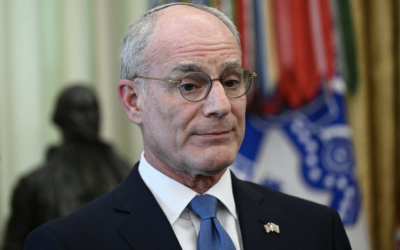 Israel's Ambassador to the U.S., Yechiel Leiter, listens during a meeting with President Donald Trump and Lebanon's Ambassador to the U.S. at the White House in Washington, D.C. on April 23, 2026. (Brendan SMIALOWSKI / AFP)