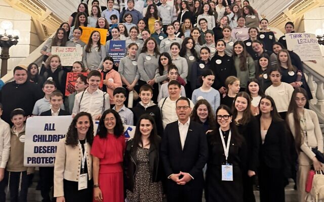 Gov. Josh Shapiro with the Jewish day school students from across the state who visited the state capital as part of Teach PA's Advocacy Day. (Photo provided by Etti Martel) 