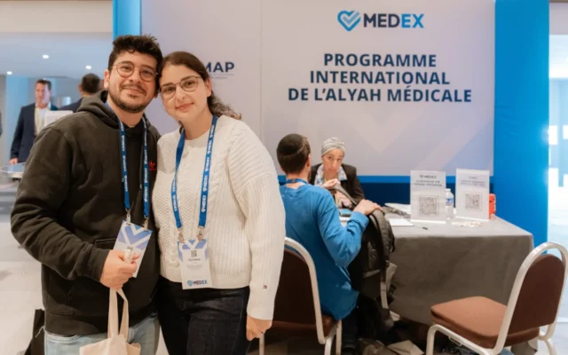 Raphael Mimoun and his wife, Eva Cohen, at a Paris event for medical professionals eyeing a move to Israel. (Credit: Thierry Van Biesen, May 3, 2026)