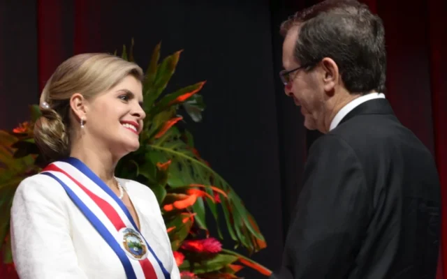 "Israeli President Isaac Herzog with Laura Fernández Delgado of Costa Rica at her presidential inauguration on May 8, 2026. (Credit: Amos Ben Gershom/GPO)