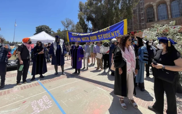 Faculty for Justice in Palestine at the Gaza solidarity encampment, one day before violent riots erupted at the University of California, Los Angeles, April 29, 2024. (Credit: Noopur28 via Wikimedia Commons) Faculty for Justice in Palestine at the Gaza solidarity encampment, one day before violent riots erupted at the University of California, Los Angeles, April 29, 2024. (Credit: Noopur28 via Wikimedia Commons)