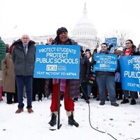 Members of the National Education Association and allies in Congress rally outside Secretary of Education nominee Linda McMahon’s confirmation hearing on February 12, 2025 in Washington, D.C. (Paul Morigi/Getty Images for National Education Association)