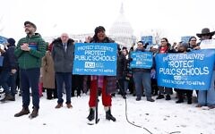 Members of the National Education Association and allies in Congress rally outside Secretary of Education nominee Linda McMahon’s confirmation hearing on February 12, 2025 in Washington, D.C. (Paul Morigi/Getty Images for National Education Association)