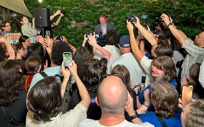Jewish progressive Brad Lander celebrates his victory in the Democratic primary for New York's 10th congressional district with supporters, Brooklyn, New York, June 23, 2026. (Jackie Hajdenberg/JTA)