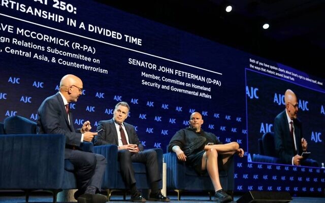 From left: AJC CEO Ted Deutch, Sen. Dave McCormick and Sen. John Fetterman in conversation at the AJC Global Forum June 2. (Courtesy of American Jewish Committee)